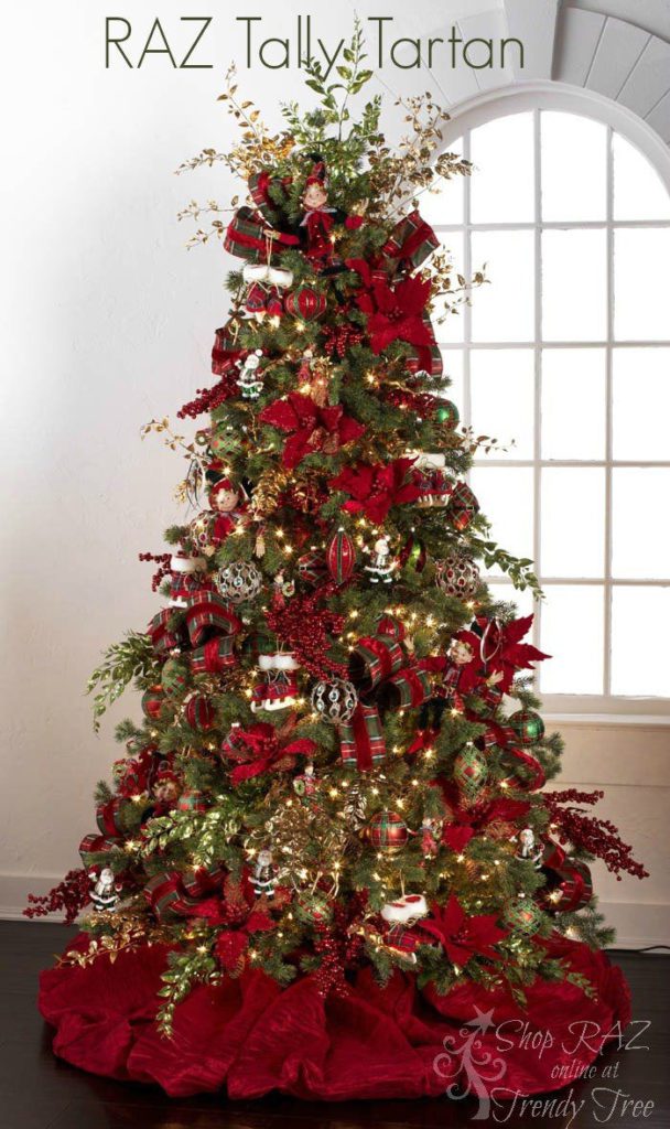 rich red and green ribbon, red poinsettias, red and green plaid ornaments, red berry sprays for a classic red and green style christmas tree