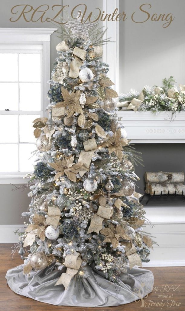 Muted shades of champagne and beige, silver and light trey ornaments for an elegant christmas tree theme
