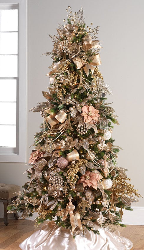 holiday memories tree with beige and blush ornaments, gold sprays, glass garlands, frosted ornaments