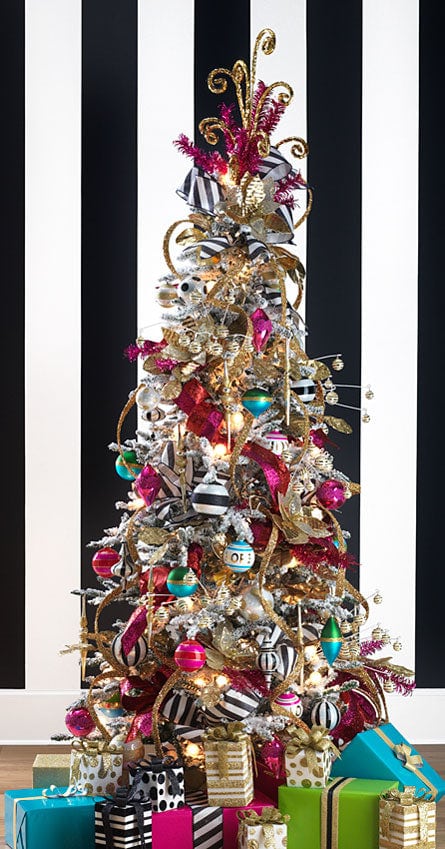 multicolor christmas tree decorations with bold black and white, turquoise and fuchsia, gold glitter