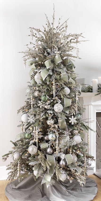 silver sage christmas tree, pale green ribbons trimmed in silver, platinum and silver ornaments with champagne picks and sprays, delicate finials