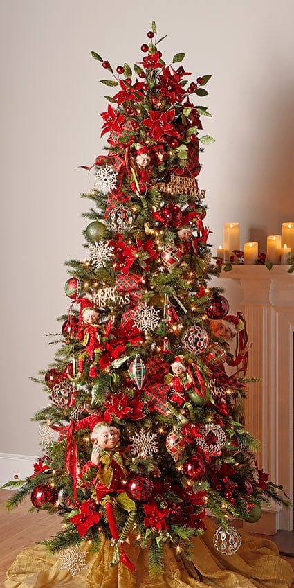 timeless trimmings christmas tree, red and green decorations and elves