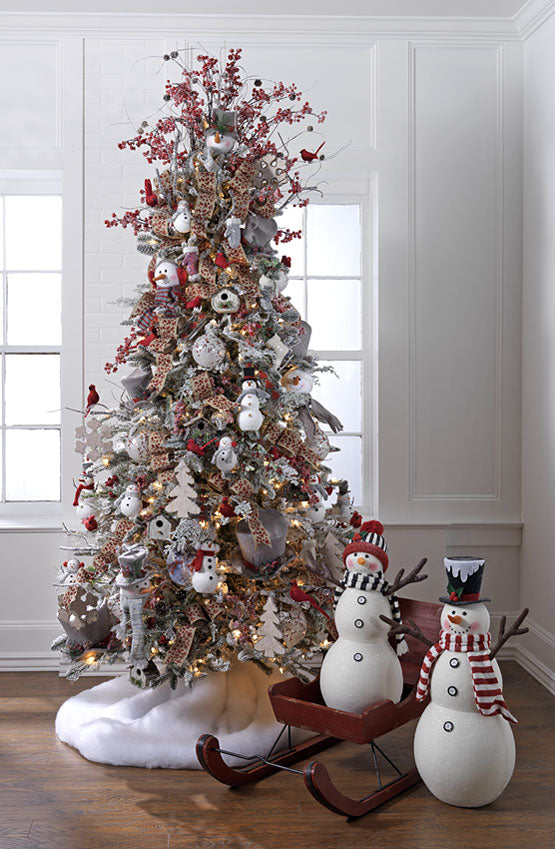 winterberry tree, snowman, frosted ornament, iced berry branches, red birds