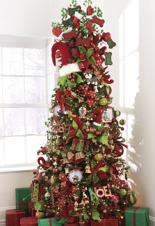 everything merry tree, with santa hats, red and green decorations, polka dots and stripes, noel ornament, present ornament