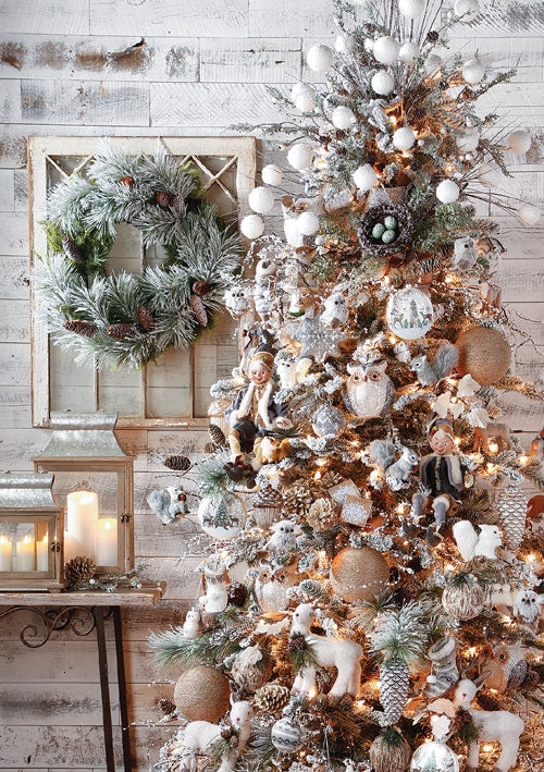 whimsical woodlands tree with snowy owls, white squirrels, bronze balls, snowy pinecones, snowball sprays, icy birdnest, glass owl ornaments and woodland elves