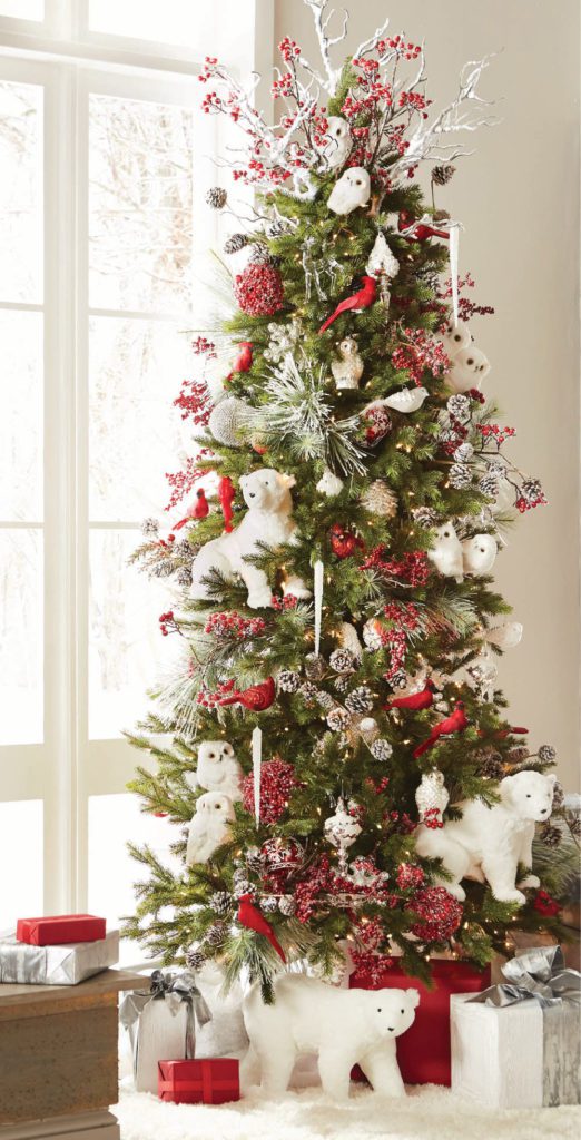 artic woodland pine tree with snowy white polar bears, white feathered owls, snowed pinecones, cardinals, red berry twigs and snowy branches