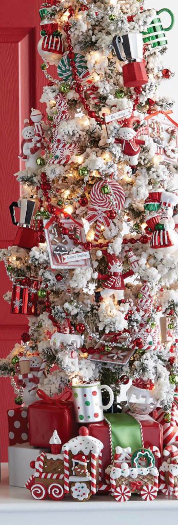Flocked christmas tree with hot chocolate decorations, mugs, large lollipops, baker snowmen ornaments with cupcakes, gingerbread ornaments and train