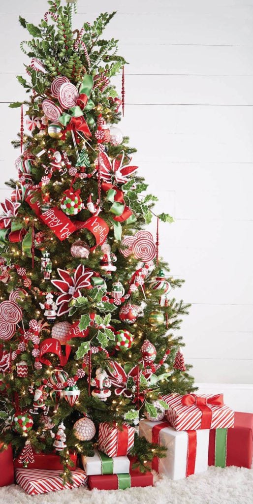 red and green pom pom ornaments, poinsettias trimmed in chenilla, red and white swirl lollipops, frosted holly sprays, peppermint garland, 