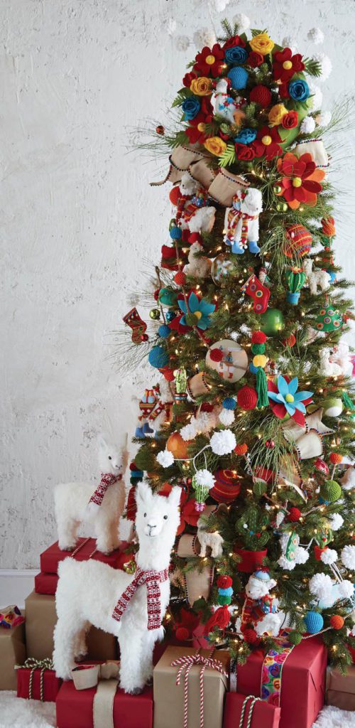 multicolor christmas tree decorated with felt ornaments, llamas, big fuzzy ball ornaments on a green tree