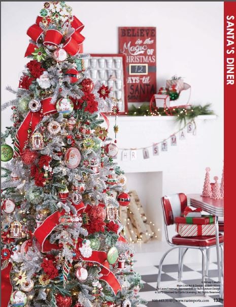 santa's diner, retro style ornaments on a flocked christmas tree, santa belt ornament, wide red ribbon, classic santa faces, 