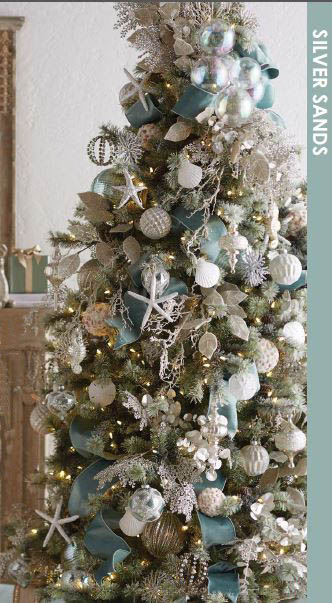 beach theme silver sands tree with starfish ornaments, coral twig, light blues, natural ribbon