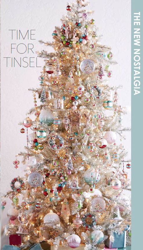 the new nostalgia christmas tree, pastel to bright colors, glass bead garlands, figural ornaments, lots of pink and bue