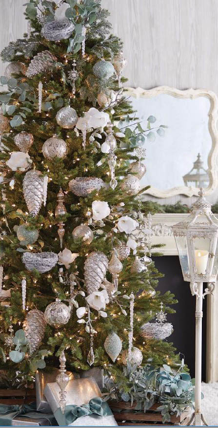 winter garden tree with big silver pinecones, icicles, silver bird nest, drop ornaments, icy blue eucalyptus sprays