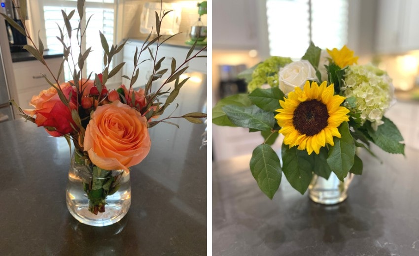 simple fall arrangements with a pop of color, roses and sunflowers