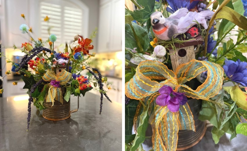 fall floral arrangement in a vintage flour sifter, unique artificial arrangement for kitchen