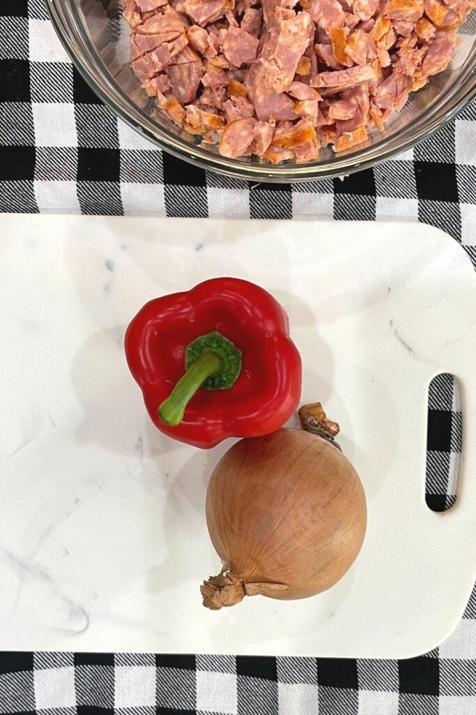 red bell pepper and yellow onion