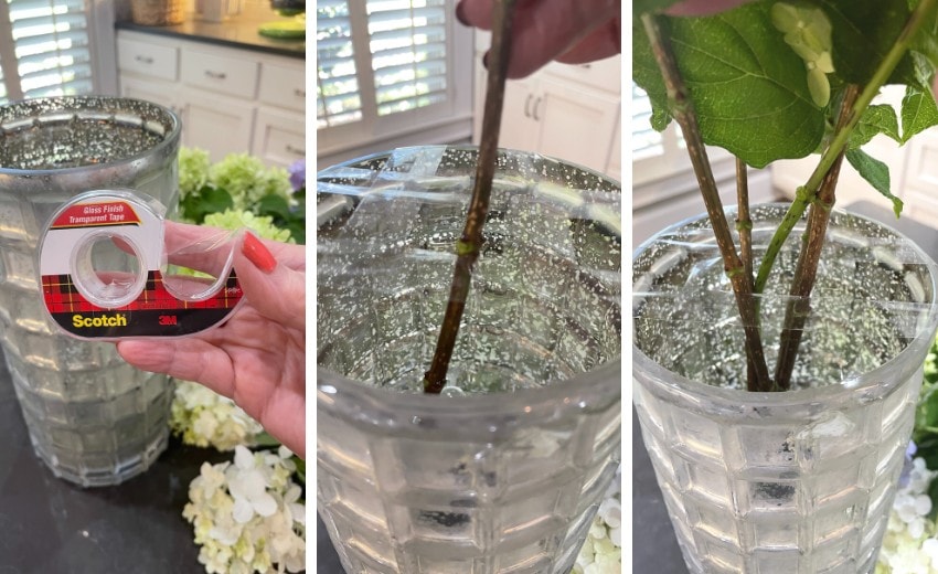 use scotch tape across the wide-mouth vase to hold flowers in place