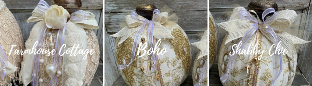 decoupage pumpkins in a boho, shabby chic or farmhouse cottage style
