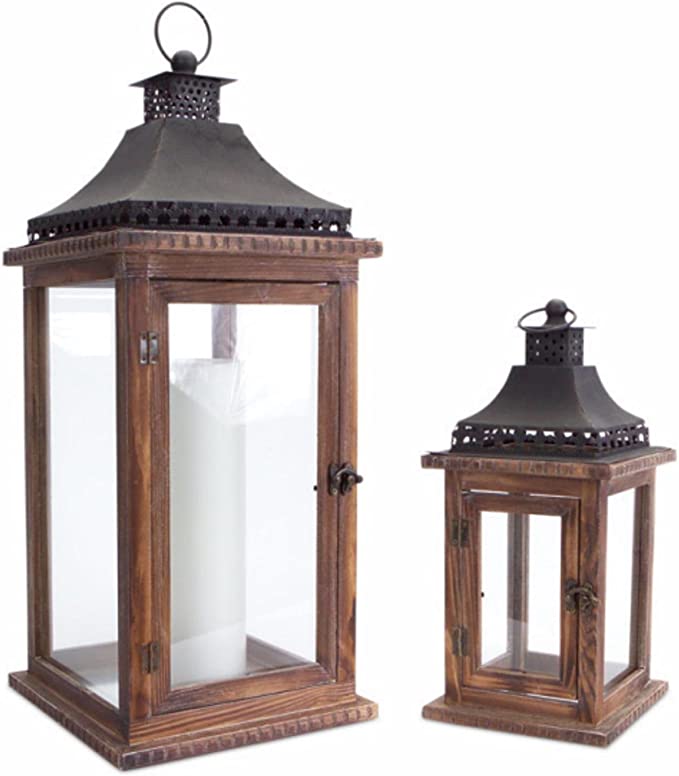 set of wood, metal and glass lanterns from amazon
