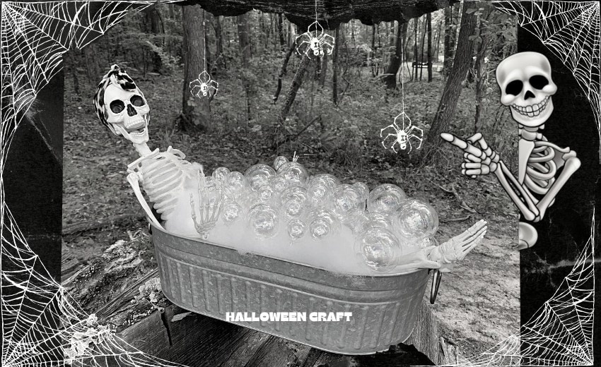 halloween skeleton in a bathtub filled with bubbles