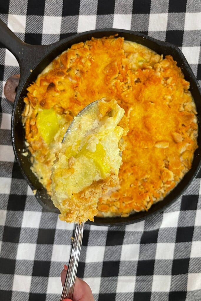 squash casserole baked in a cast iron skillet