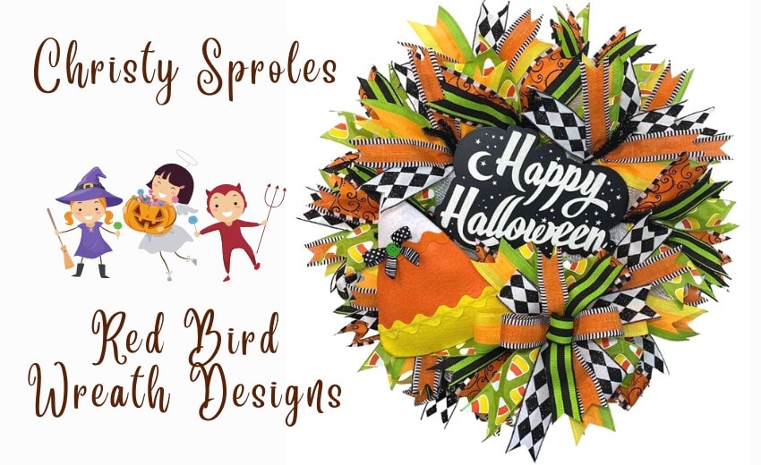 happy halloween wreath with candy corn ribbon and large candy corn sign