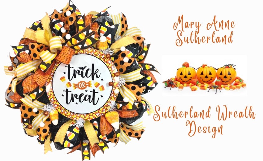 Halloween wreath with round trick or treat sign, polka dot and candy corn ribbon