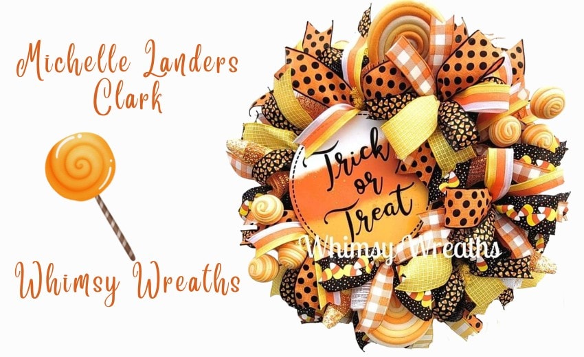 Whimsical Halloween wreath with round trick or treat sign, candy corn ribbon, polka dot ribbon, lollipops, and ball picks
