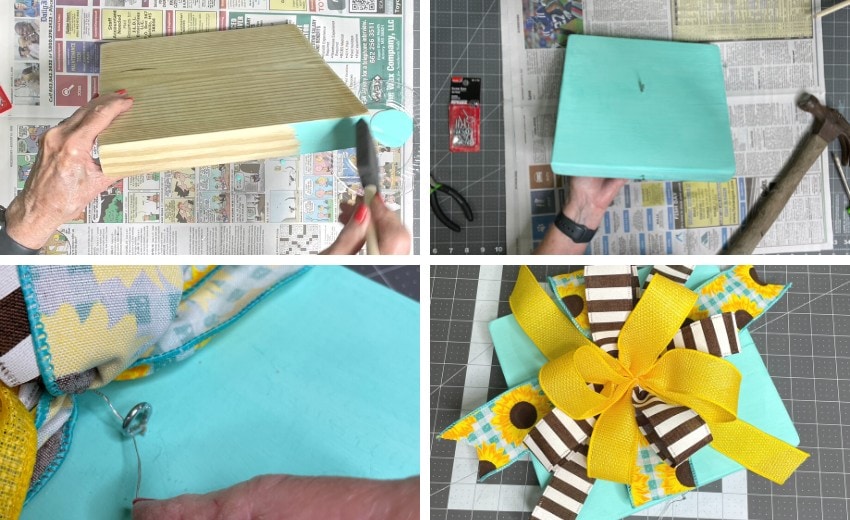 paint a wood block, add an eye screw and small name, attach bow and easily fluff out loops and tails