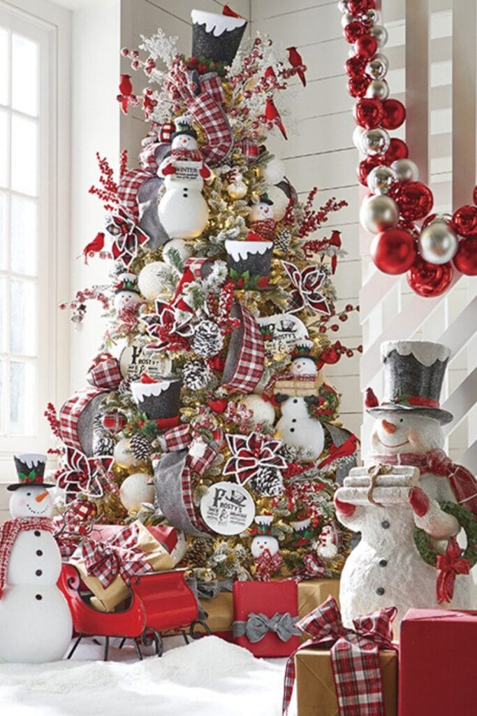 Christmas tree covered with snowy pinecones, snowman ornaments, bold plaid ribbons, red and silver decorations, top hat tree topper