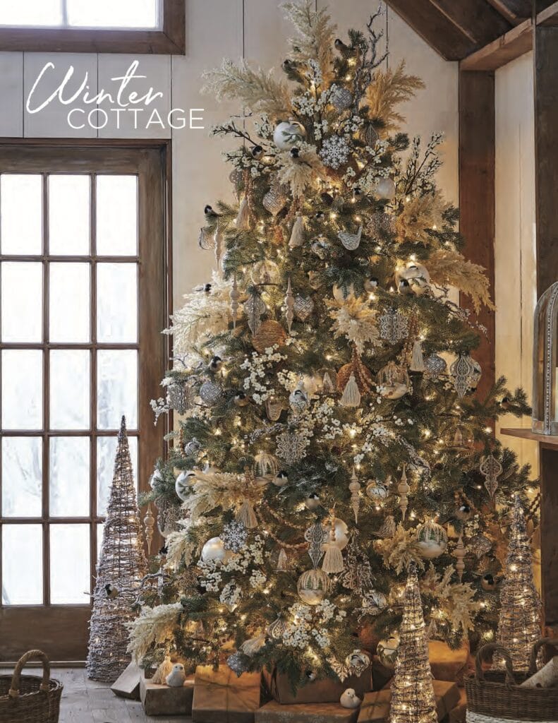 winter cottage christmas tree with cream berry picks, gold leaf sprays, snowflakes, glittery twigs, burnished gold ornaments, twig trees