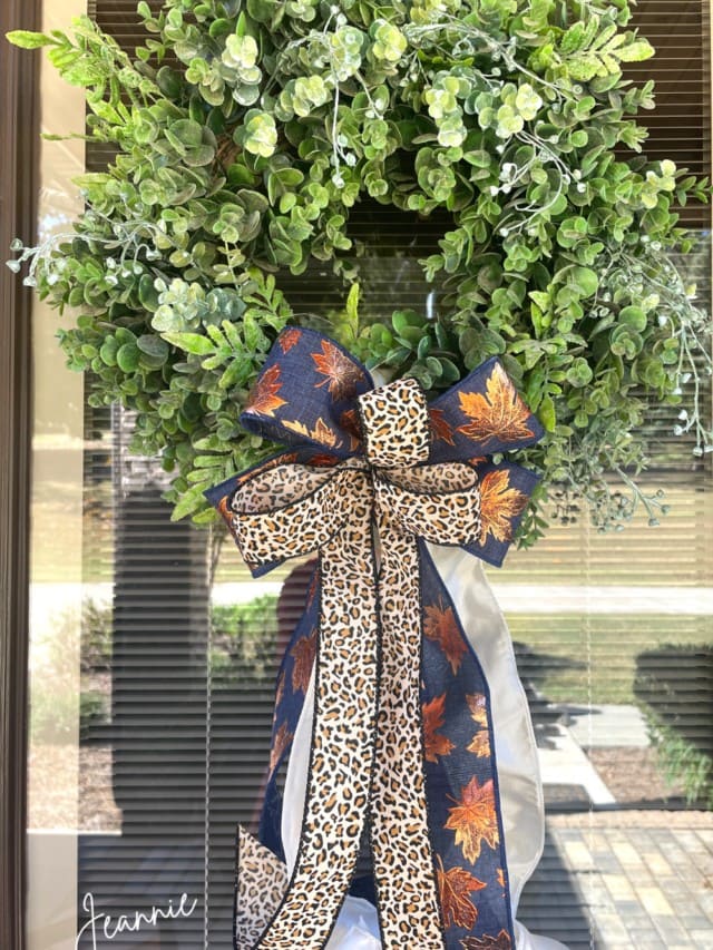 Simple Bow with Fall Ribbon to Update a Boxwood Wreath Jeannie Pence