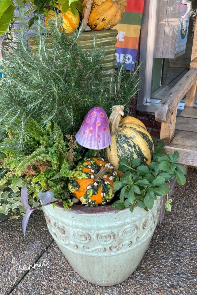 fall plant with gourds and glass mushroom