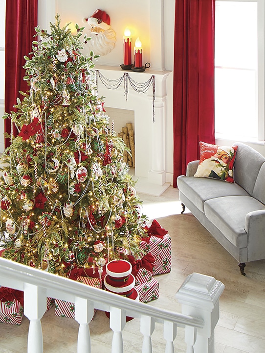 vintage style happy holidays tree with classic santa faces, old fashioned glass beaded garland, icicle and drop ornaments