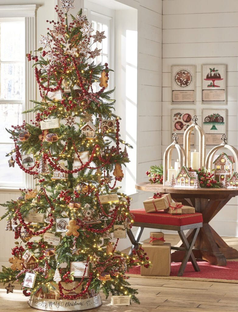 holiday spice tree with red crabapple garland, gingerbread ornament, gingerbread houses, cookie snowflakes