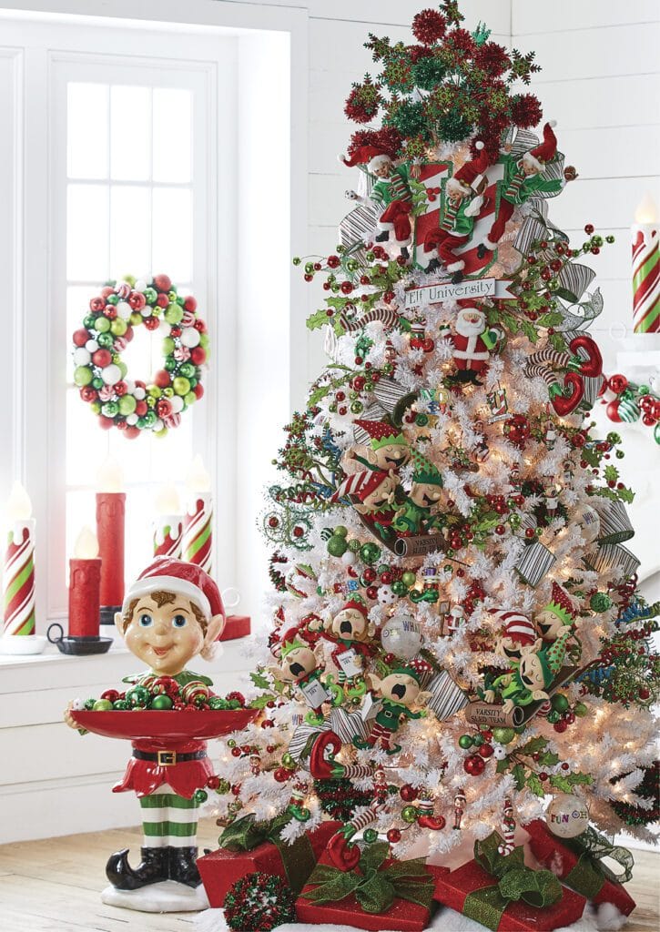 oh what fun christmas tree with whimsical singing elves, elf legs, red, green and multicolor ornaments, shiny ball garland, red and emerald green tinsel pom poms