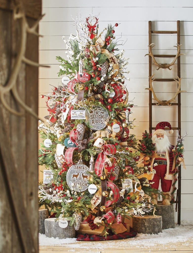santas stables, reindeer ribbon, plaid ribbon, cream berry picks, pinecones, large frosted pinecones, antler sprays, twig sprays, huge vintage style metal sign ornament