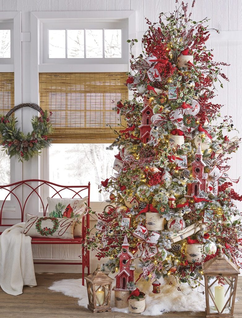 yuletide birds christmas tree with red feathered cardinals, frosted red berry sprays, embroidered red bird ribbon, rolled tree branches, frosted pinecone, holly sprays, birch bark candles