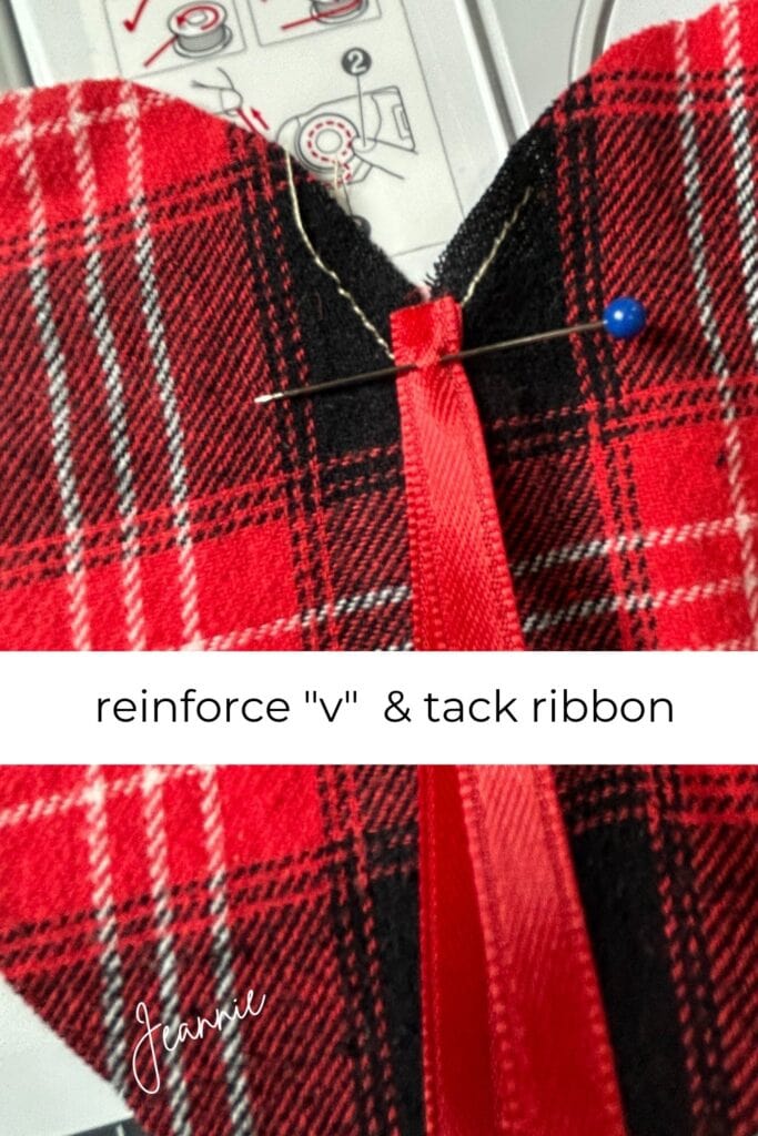 reinforce "v" and tack ribbon hanger