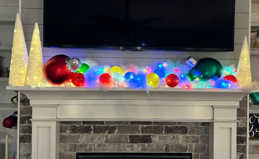 multicolor ball garlands on mantel