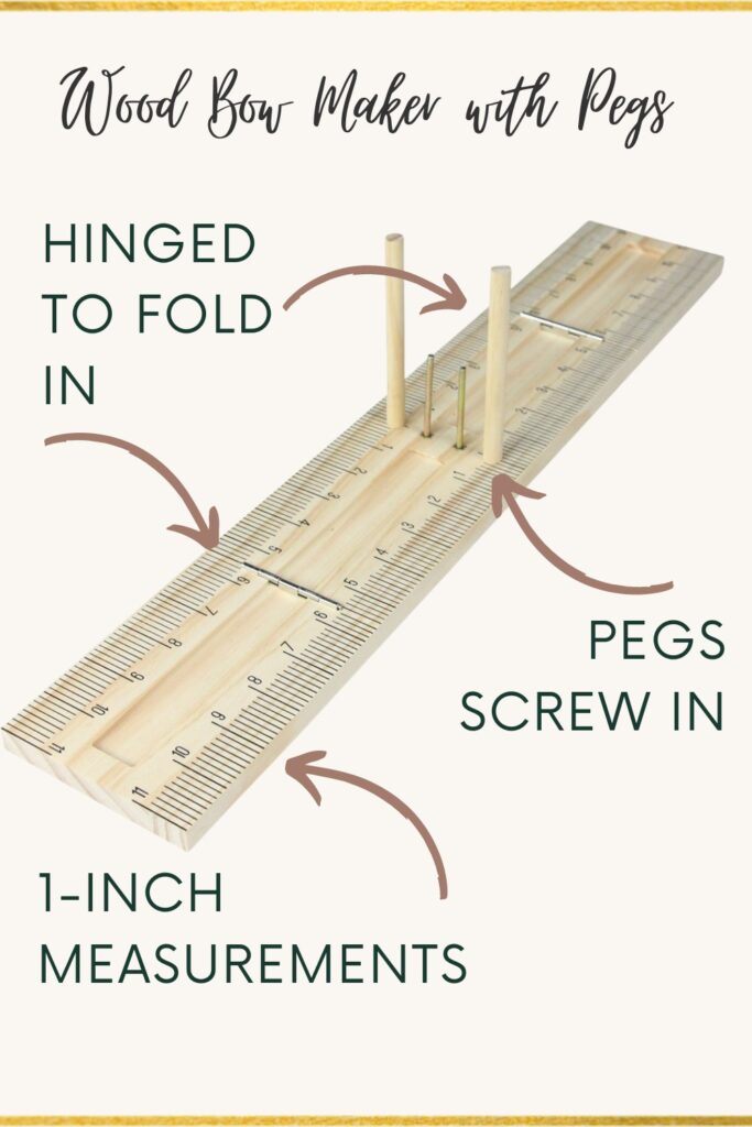 wood bow maker with pegs for making bows with scrap or short ends of ribbon