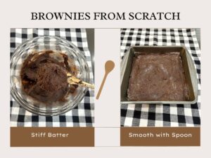 stiff brownie batter spread out in a square pan