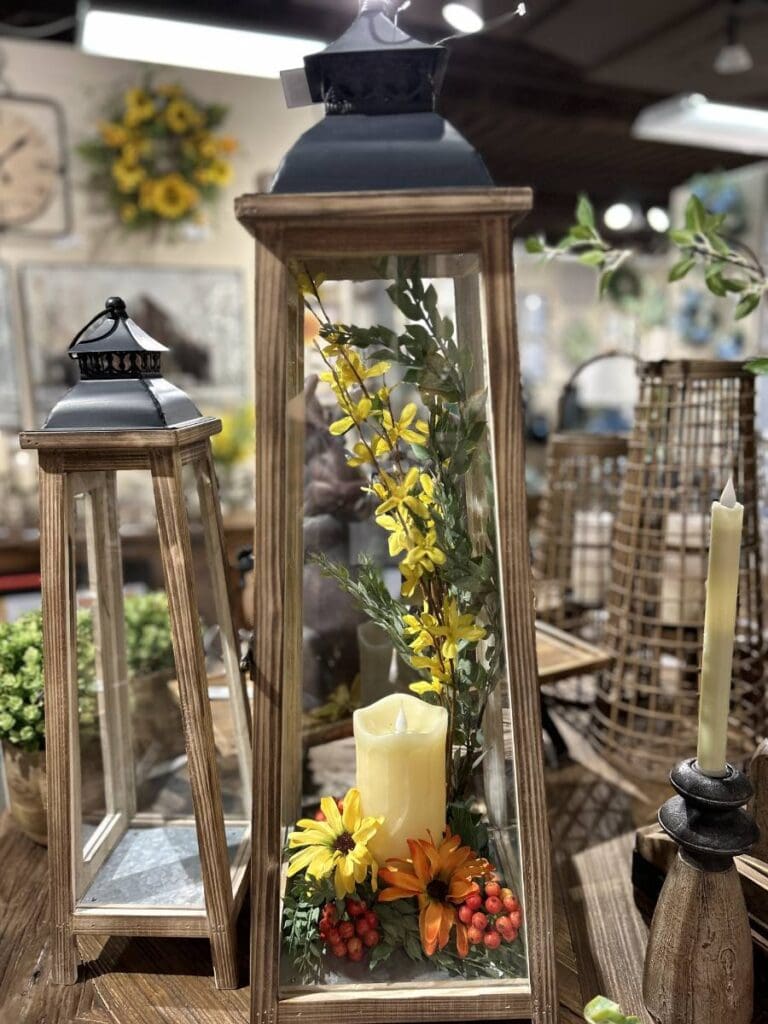 wood and glass lantern with spring floral