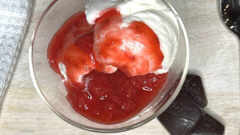 sugar-free homemade strawberry topping over vanilla ice cream