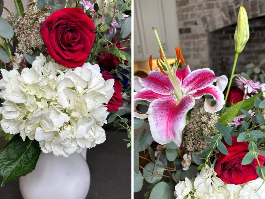 closeup of valentine flowers, hydrangea, lily, roses, eucalyptus