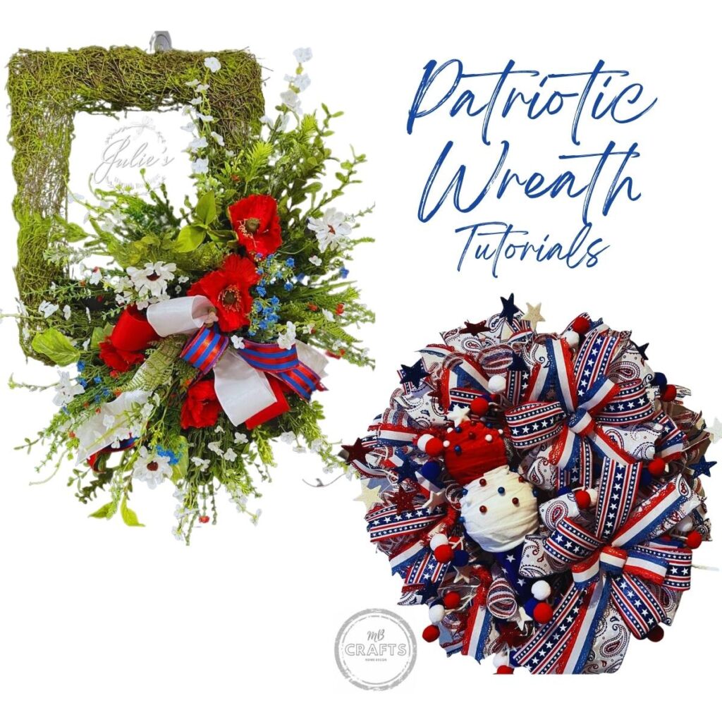 two styles of patriotic wreaths one with flowers and one made with deco mesh
