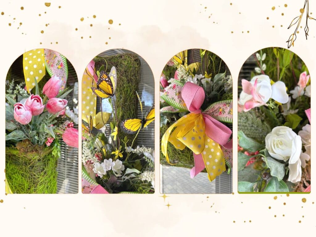 spring wall basket, tulips, butterflies, spring ribbon, cream ranunculus