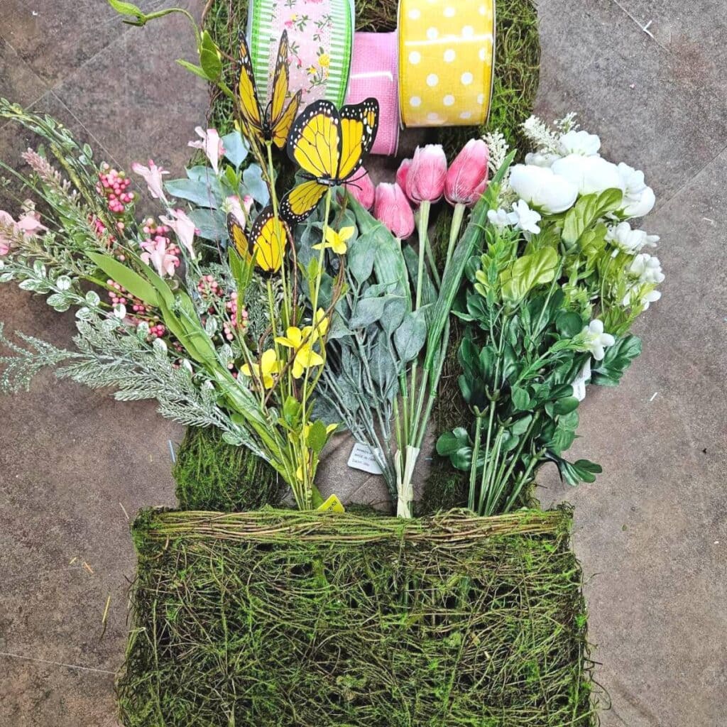 supplies to make a moss wall basket for spring door decor