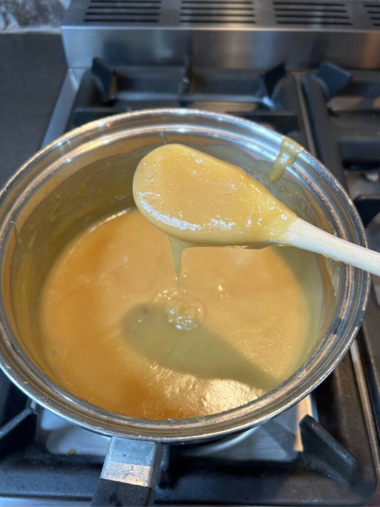 caramel pie filling cooked to pudding consistency and poured in a baked pie shell