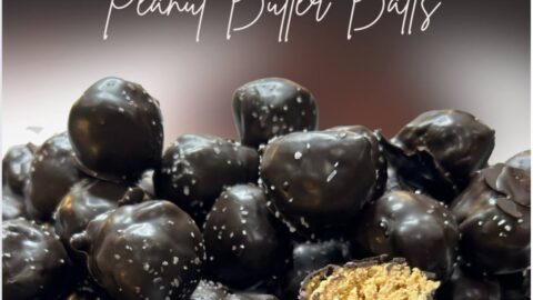 peanut butter balls with crushed potato chips, dipped in chocolate, and sprinkled with sea salt
